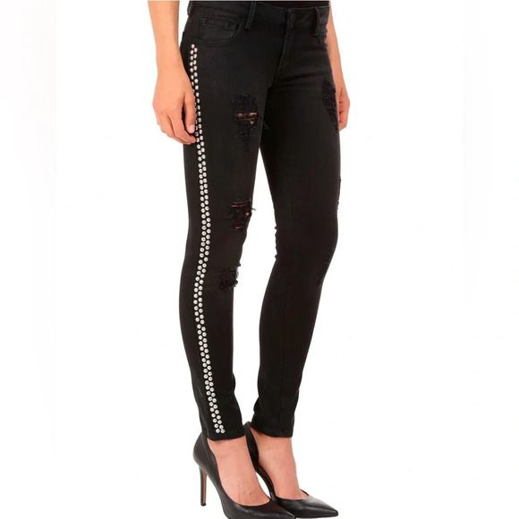 Etienne Marcel Black Wash Distressed Studded Skinny Jeans Size 25 - Picture 9 of 9